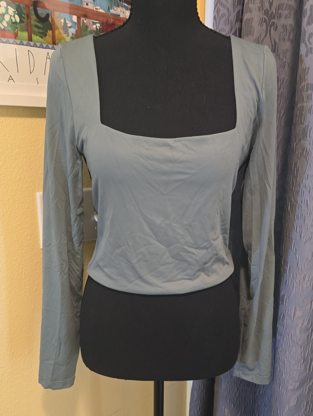 Square Neck Long Sleeve Top in Sage Green